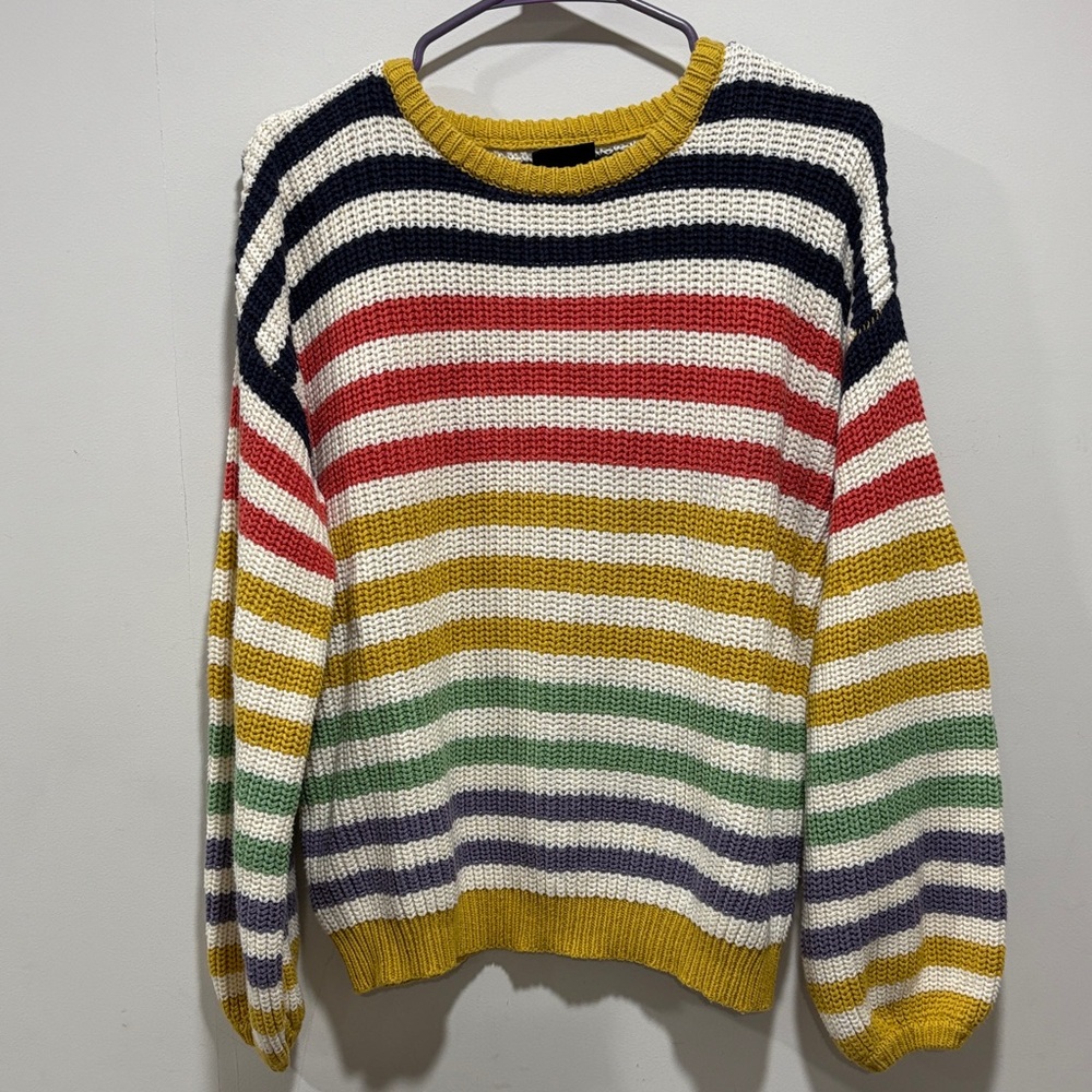 Striped Multicolor Crewneck Sweater in Mustard, Navy & White